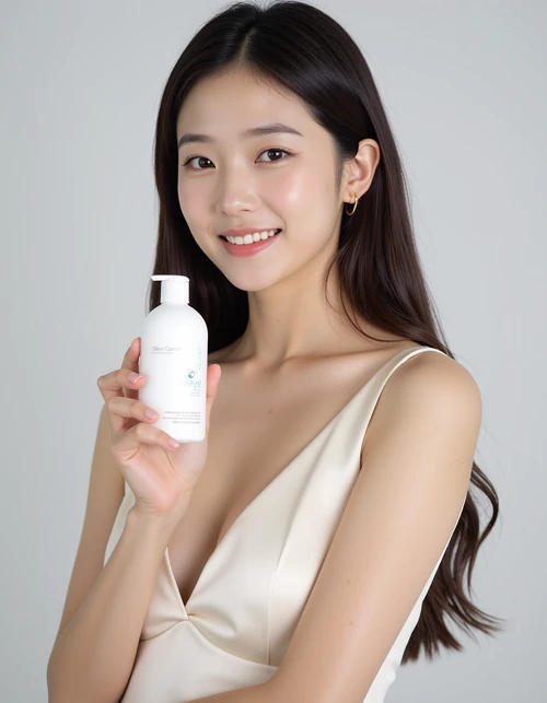 은은한 새틴 드레스와 세럼을 든 모델, 맑고 고급스러운 뷰티 화보