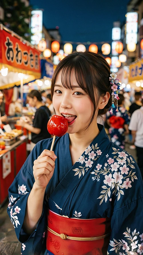 밤하늘 등불 아래, 유카타를 입고 사과사탕을 든 일본 축제 거리의 감성 순간