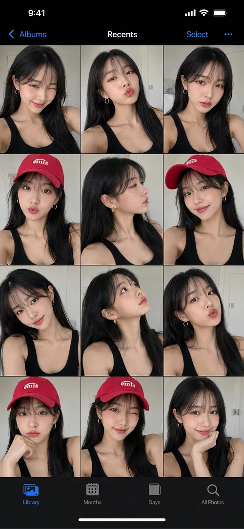 아이폰 앨범 속 다양한 표정과 레드 캡 포인트가 돋보이는 셀피 모음