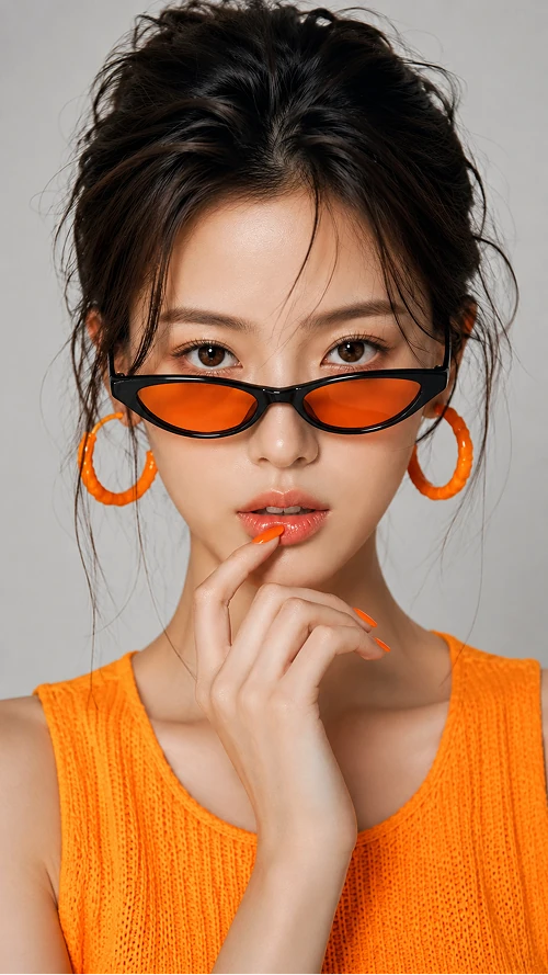 오렌지 패션과 틴트 선글라스, 트렌디 뷰티 패션 포트레이트