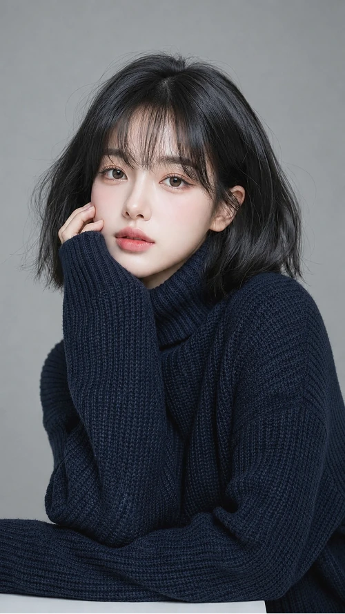 네이비 터틀넥을 입은 단발 헤어의 미니멀 스튜디오 포트레이트