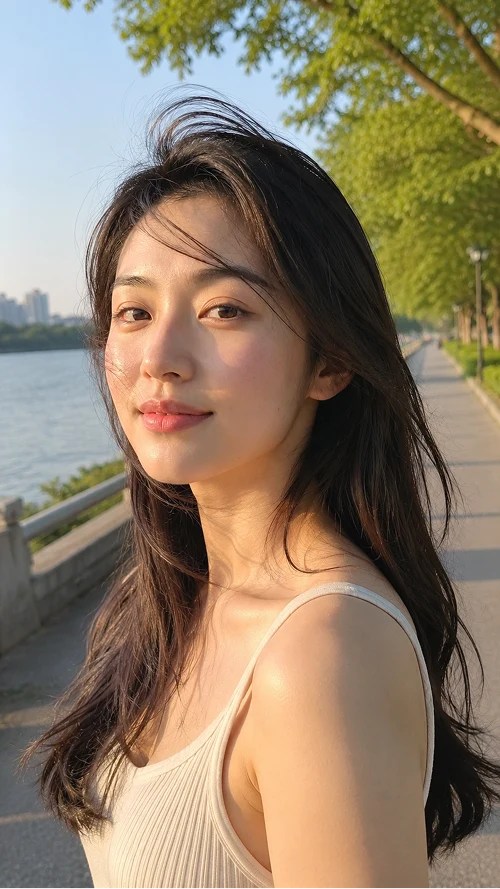 황금빛 노을 아래 강변에서 담은 자연광 감성 인물 포트레이트