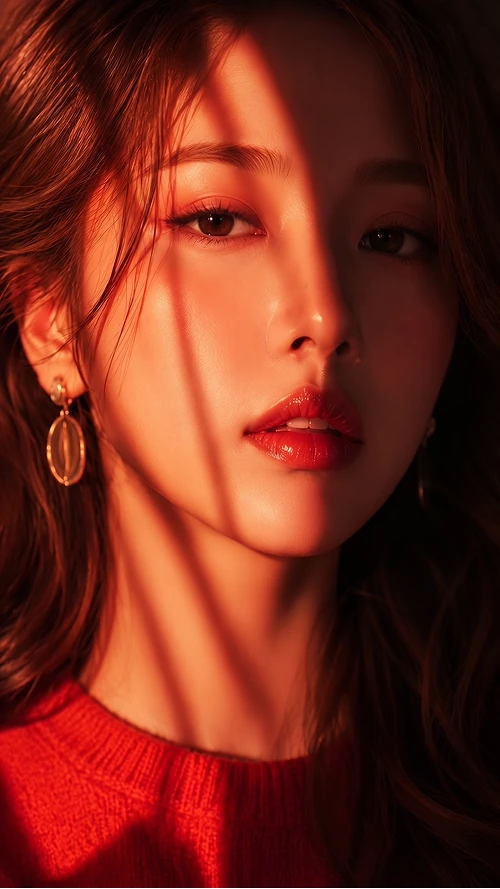 붉은 조명과 강렬한 그림자가 만들어낸 시네마틱 무드의 감성 뷰티 포트레이트