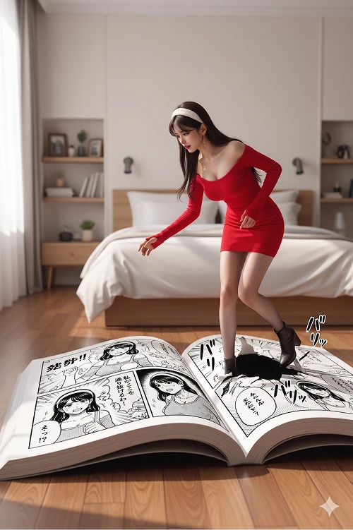 거대한 만화책 위에 올라선 여성의 초현실 판타지 아트