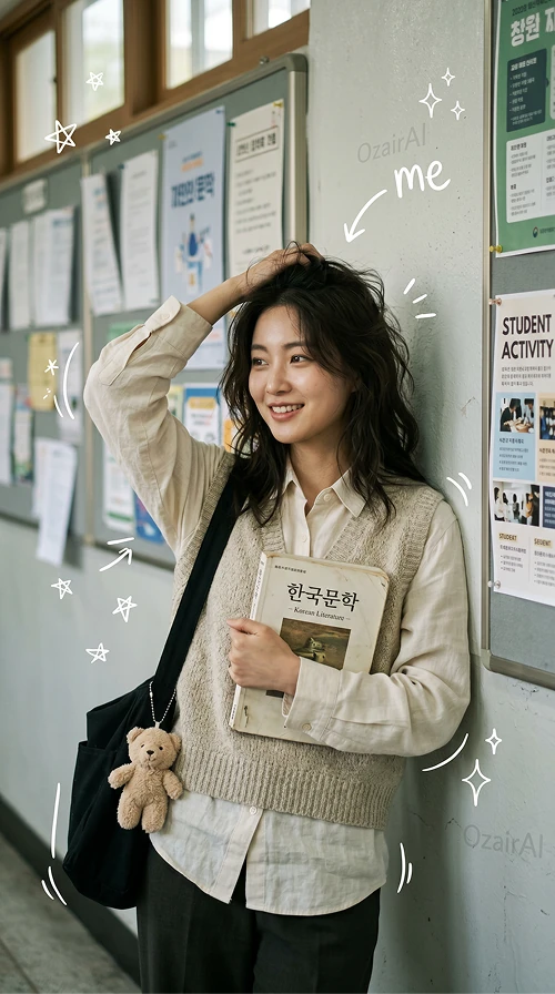 대학교 복도에서 문학책을 든 감성 여대생 캠퍼스 라이프
